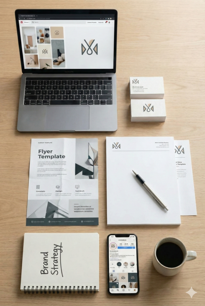 Brand Package Mockup: Professionelles Logo Design, 50 Visitenkarten, Briefpapier und Flyer-Vorlage für Gründer von stardig
